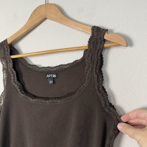 Retro 90s Y2K Rib Knit Lace Trim Tank Brown Womens Large Casual Grunge Layer - Picture 2 of 7